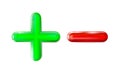 Glossy 3D plus and minus sign icon green, red symbol. Ui, ad. Design realistic isolated mathematical plastic toy. Balance concept