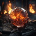 Glossy flaming black ball shining fire