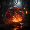 Glossy flaming black ball shining fire