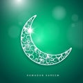 Glossy Floral Ornament Crescent Moon on Light Effect Background on The Occasion Of Ramadan Kareem