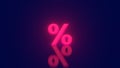 Glossy glow pink percent sign isolated on blue dark background. Seasonal sales background with percent discount pattern. Business