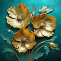 Glossy Gold Poppy Flowers On Teal Background: A Baroque Extravaganza