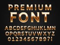 Glossy gold typeface, shine alphabet letters collection for premium text design. Golden gloss metal vector sans font