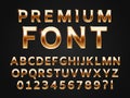 Glossy gold typeface, shine alphabet letters collection for premium text design. Golden gloss metal vector sans font Royalty Free Stock Photo