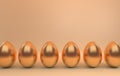 Glossy golden easter eggs on beige background. 3d render, digitally generated template. Happy Easter big hunt or sale banner