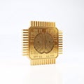 A glossy golden microchip with a brain pattern Royalty Free Stock Photo