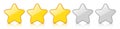 Glossy golden three star icon rating with reflection isolated on a white background.