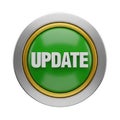 A glossy green circular button with the word UPDATE in white text, set within a metallic frame Royalty Free Stock Photo