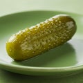 A glossy, green pickle rests on a similarly colored plate. Its surface is covered in small, Royalty Free Stock Photo