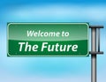 Glossy highway sign with 'welcome to thefuture' text