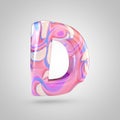 Glossy holographic pink letter D uppercase isolated on white background