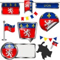 Glossy icons with flag of Lyon