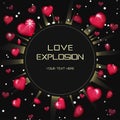 Glossy love hearts light beam lens flare explosion card template.