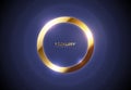 Glossy luxury circle golden frame. Border logo, name, label. Realistic gold frame, luxury purple abstract glow light waves