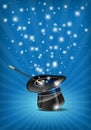 Glossy magic hat and wand in action Royalty Free Stock Photo