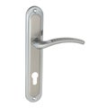 Glossy metal door handle with perforated hands on the upper surface, on a narrow profile strip with a keyhole