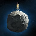 Glossy metallic vintage rocket landed on surface of the moon. space with stars background. high quality render