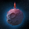 Glossy metallic vintage rocket landed on surface of the moon. space with stars background. high quality render