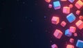 Glossy neon cubes float in dark space. Colorful abstract shapes move with soft light. Geometric forms drift on black background. Royalty Free Stock Photo