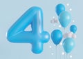 Glossy number four on blue background with balloons. 4 Years Old. Fourth Birthday Celebration. Boys party. Baby boy