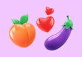 Glossy peach, eggplant and two hearts isolated on lilac background. Set of Emoji icon Royalty Free Stock Photo