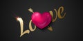 Glossy pink 3d heart with golden arrow and gold Love lettering. Greeting Card heart Patch print art on black background. Valentine