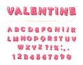 Glossy pink decorative font. Cartoon ABC letters and numbers. Perfect for Valentine s day cards, cute design for girls.