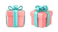 Glossy pink gift boxes with green ribbon and bow isolated on white background. Clipping path included Royalty Free Stock Photo