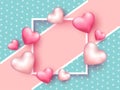 Glossy Pink Hearts Decorated Empty Square on Turquoise Polka Dots Background