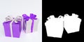 Glossy purple and white gifts isolated with alpha mask. 3D render.