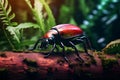 A colorful beetle crawls along a mossy log in a dense forest setting during twilight Royalty Free Stock Photo