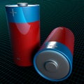 Glossy red and blue batteries over a blue grid on black background - 3D rendering illustration Royalty Free Stock Photo