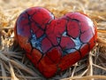 Glossy red ceramic heart with intricate visible cracks on a natural background.
