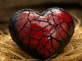 Glossy red ceramic heart with intricate visible cracks on straw background.