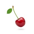 single vibrant cherry with its stem and a small green leaf, floating against a pure white background Royalty Free Stock Photo