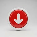 Glossy red circular button with a white downward arrow symbol on a light gray background Royalty Free Stock Photo