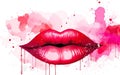 Glossy red lips closeup illustration with pink watercolour splashes.