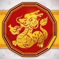 Button with a Golden Dragon for Chinese Zodiac, Vector Illustration
