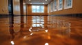 Beautiful interior space with glossy refinished wood flooring reflecting natural light from windows creating inviti Royalty Free Stock Photo
