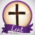 Glossy Round Button with Holy Cross and Ribbon for Lent, Vector Illustration