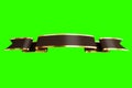 Glossy satin twisted festive black ribbon with gilded stripes on green background. 3D rendering, 3D illustration