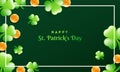 Glossy shamrock leaves and gold coins decorated green background for Happy St. Patrick`s Day.