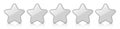 Glossy silver five star icon rating with reflection isolated on a white background.