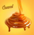 Flowing stream of golden caramel on a yellow background. High detailed realistic illustration