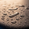 Water droplets scatter across a smooth dark surface reflecting warm light Royalty Free Stock Photo