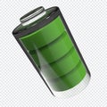 Glossy transparent battery symbol. Full power status concept design. Battery 3d icon. Energy glass storage. 3d render illustration