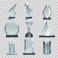 Glossy transparent trophies, awards and winner cups. Vector illustrations Royalty Free Stock Photo