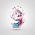 Glossy water marble number 9 isolated on white background