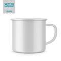 Glossy white enamel metal cup. Vector mockup