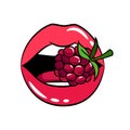 Glossy woman lips with raspberry sticker